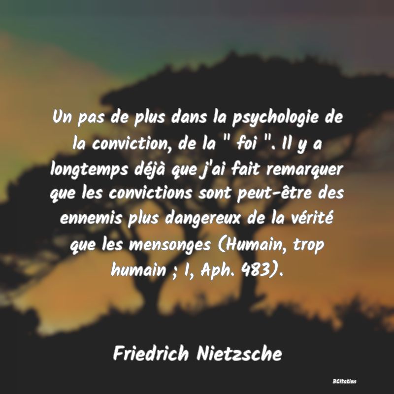 image de citation: Un pas de plus dans la psychologie de la conviction, de la   foi  . Il y a longtemps déjà que j'ai fait remarquer que les convictions sont peut-être des ennemis plus dangereux de la vérité que les mensonges (Humain, trop humain ; I, Aph. 483).