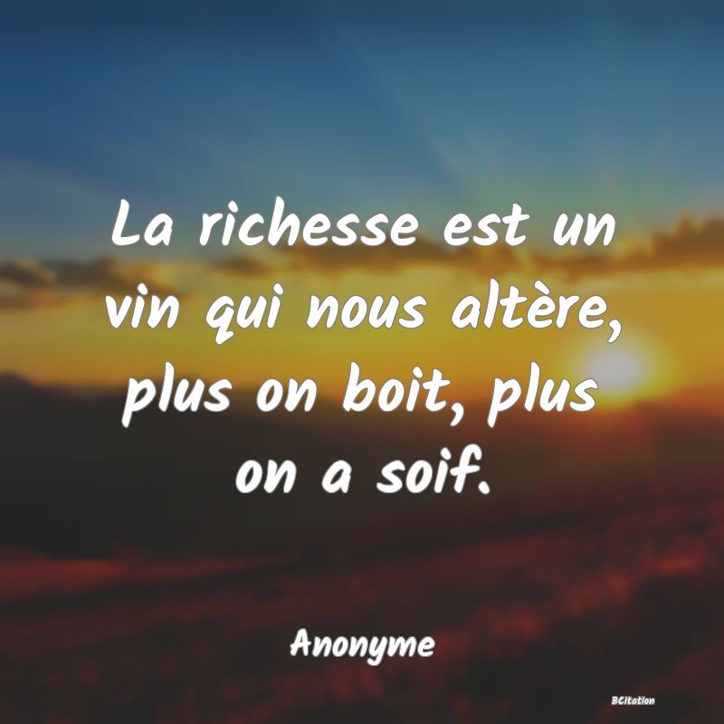 Belle Citation - La richesse est un vin qui nous altère, plus on boit, plus on a soif. - Anonyme