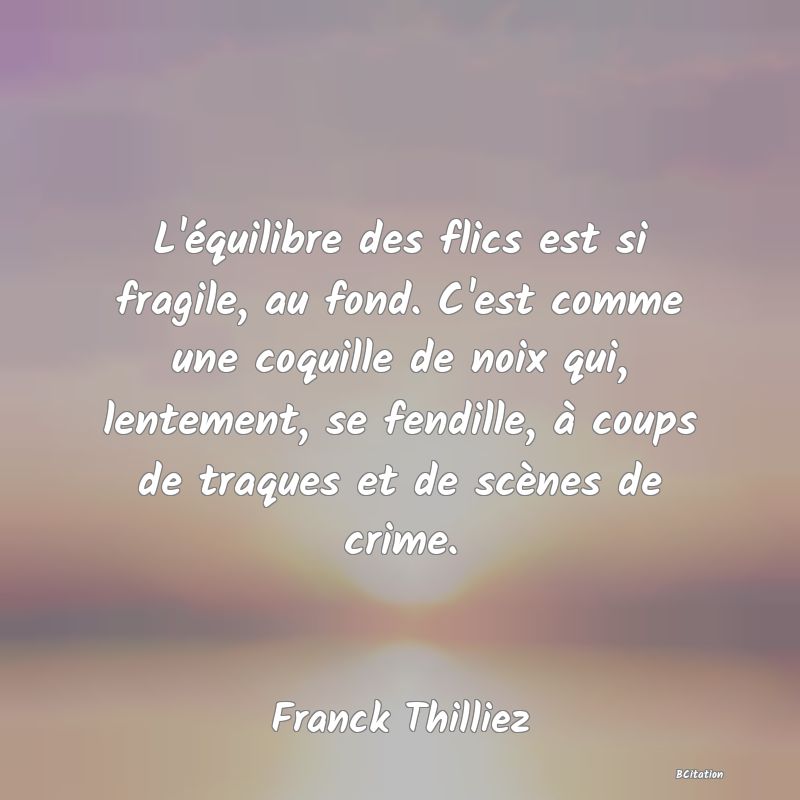 image de citation: L'équilibre des flics est si fragile, au fond. C'est comme une coquille de noix qui, lentement, se fendille, à coups de traques et de scènes de crime.