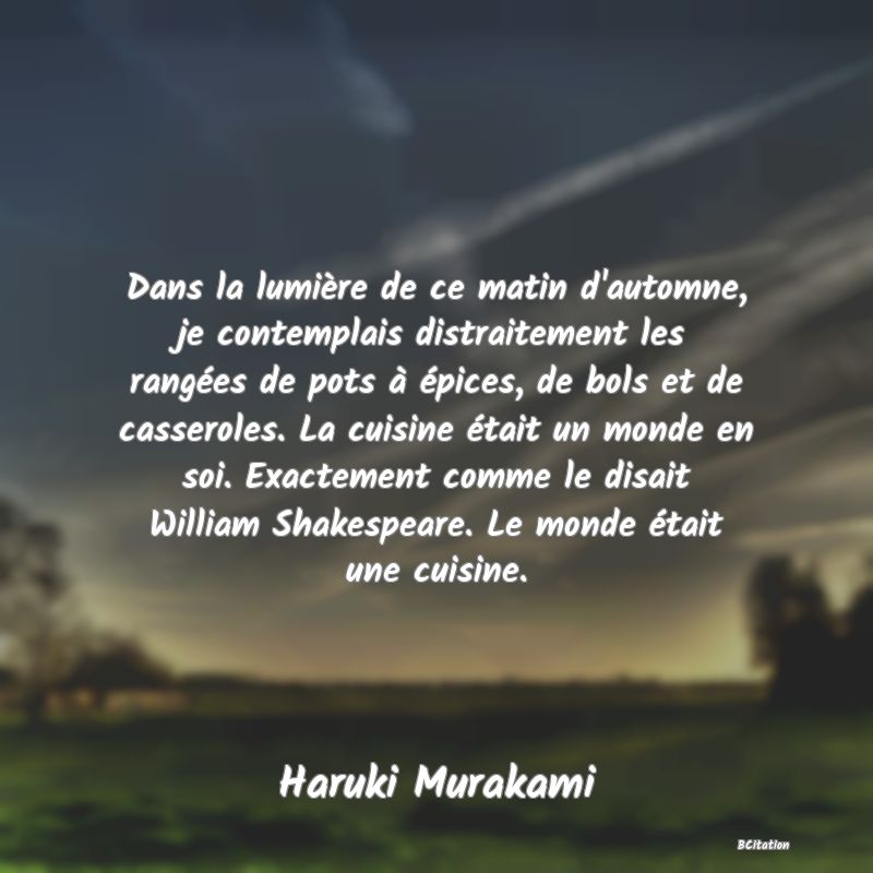 Belle Citation - Dans la lumière de ce matin d'automne, je contemplais distraitement les rangées de pots à épices, de bols et de casseroles. La cuisine était un monde en soi. Exactement comme le disait William Shakespeare. Le monde était une cuisine. - Haruki Murakami