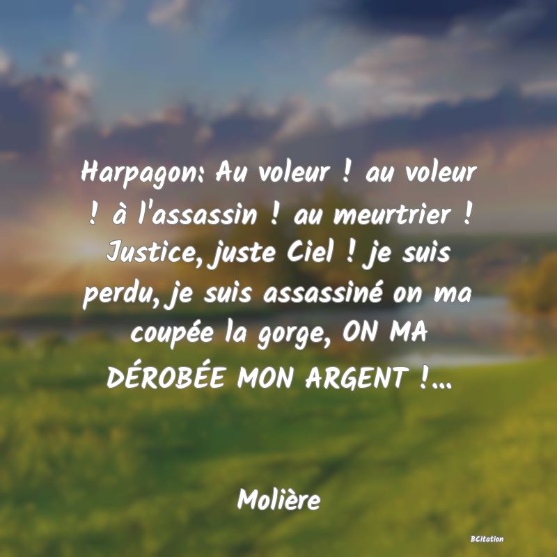 image de citation: Harpagon: Au voleur ! au voleur ! à l'assassin ! au meurtrier ! Justice, juste Ciel ! je suis perdu, je suis assassiné on ma coupée la gorge, ON MA DÉROBÉE MON ARGENT !...