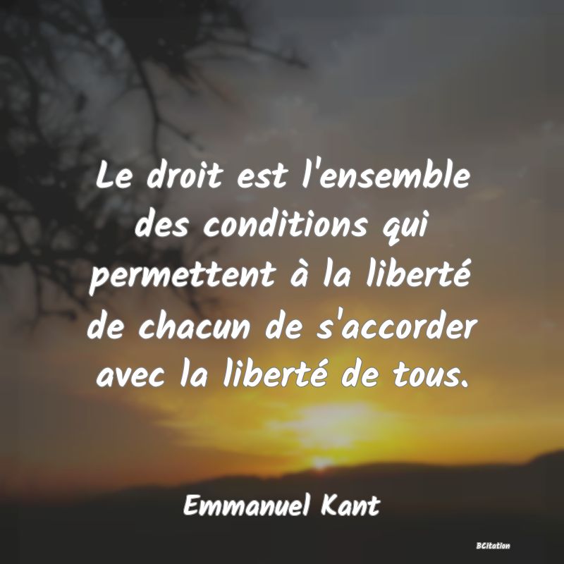 image de citation: Le droit est l'ensemble des conditions qui permettent à la liberté de chacun de s'accorder avec la liberté de tous.