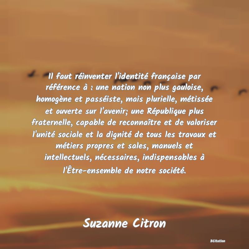 image de citation: Il faut réinventer l'identité française par référence à : une nation non plus gauloise, homogène et passéiste, mais plurielle, métissée et ouverte sur l'avenir; une République plus fraternelle, capable de reconnaître et de valoriser l'unité sociale et la dignité de tous les travaux et métiers propres et sales, manuels et intellectuels, nécessaires, indispensables à l'Être-ensemble de notre société.