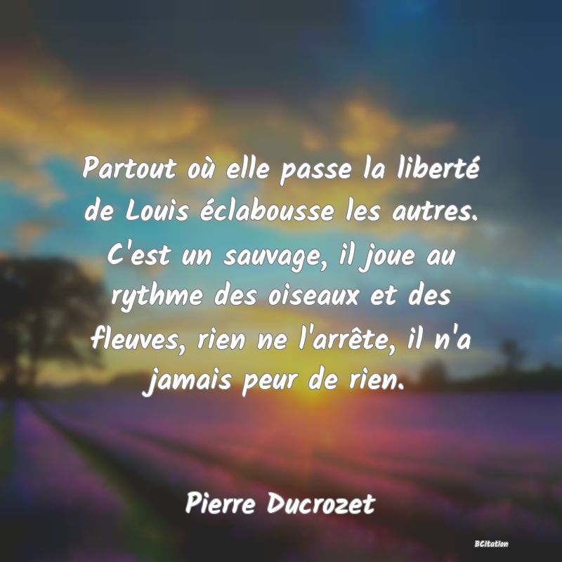 image de citation: Partout où elle passe la liberté de Louis éclabousse les autres. C'est un sauvage, il joue au rythme des oiseaux et des fleuves, rien ne l'arrête, il n'a jamais peur de rien.