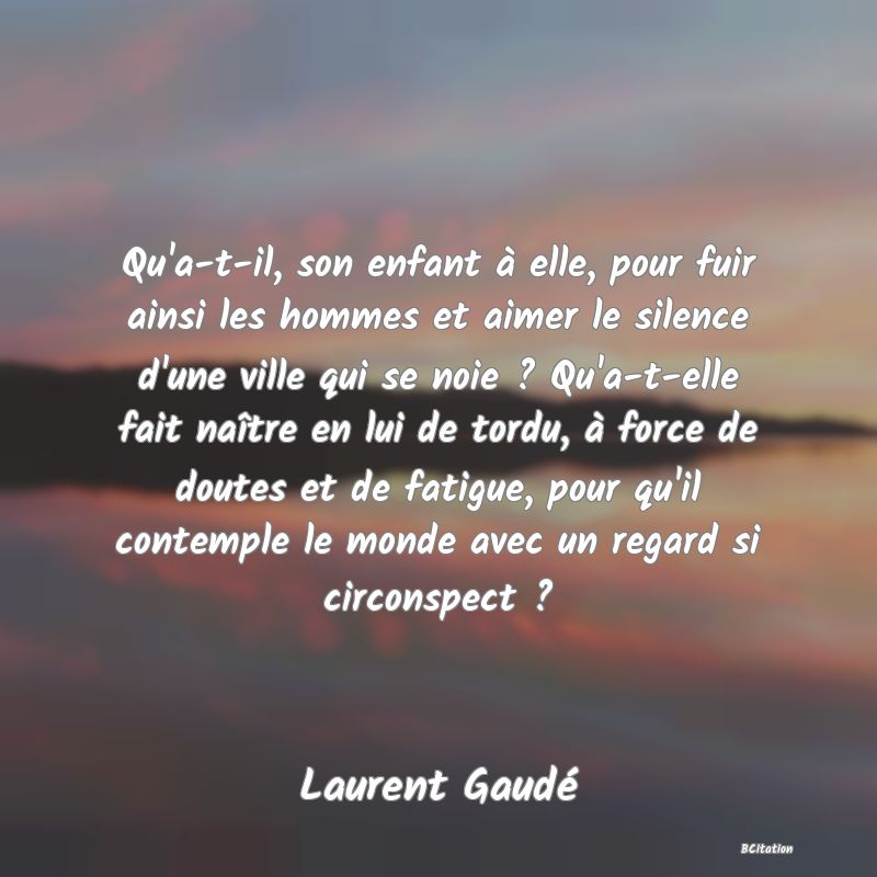 image de citation: Qu'a-t-il, son enfant à elle, pour fuir ainsi les hommes et aimer le silence d'une ville qui se noie ? Qu'a-t-elle fait naître en lui de tordu, à force de doutes et de fatigue, pour qu'il contemple le monde avec un regard si circonspect ?