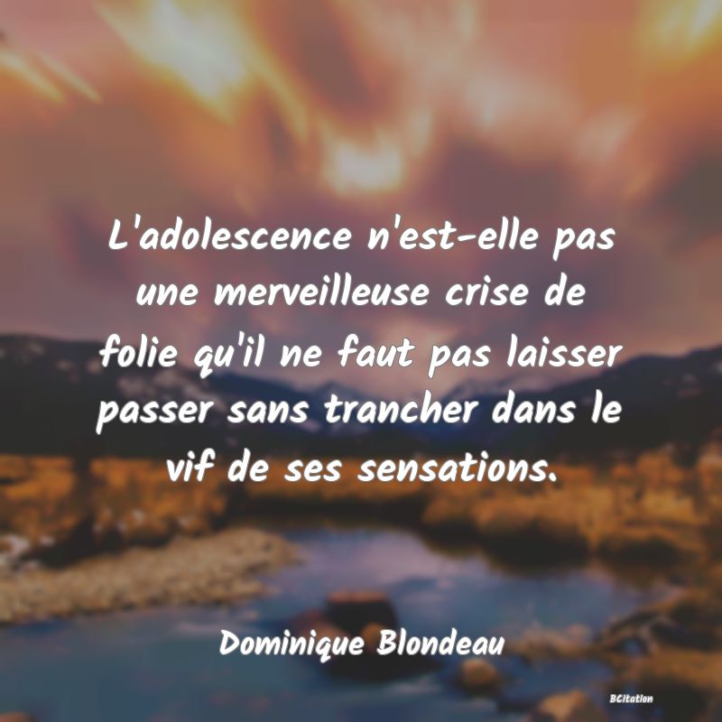 Belle Citation - L'adolescence n'est-elle pas une merveilleuse crise de folie qu'il ne faut pas laisser passer sans trancher dans le vif de ses sensations. - Dominique Blondeau