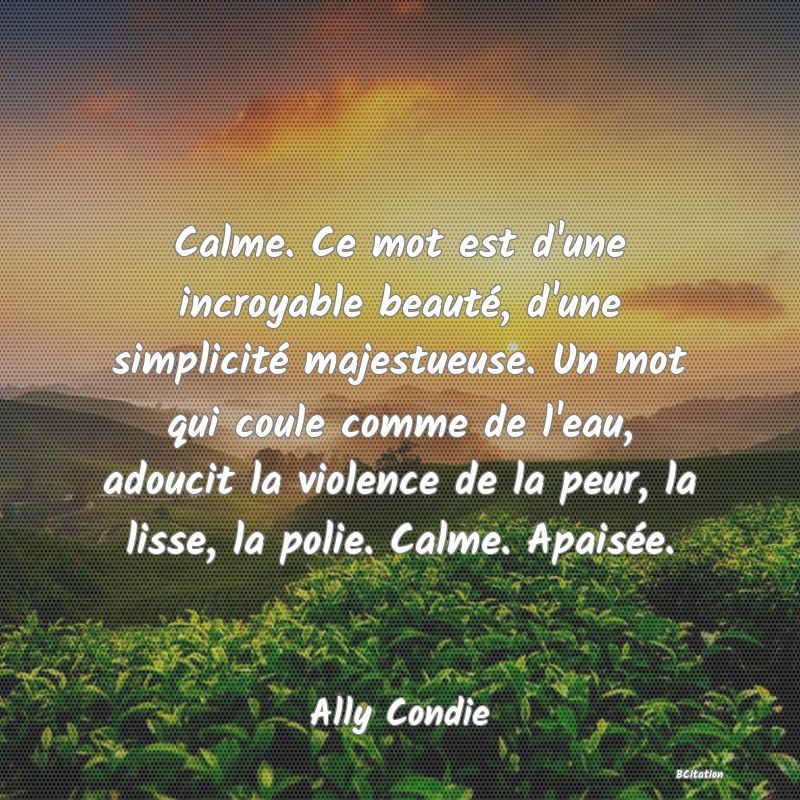 Belle Citation - Calme. Ce mot est d'une incroyable beauté, d'une simplicité majestueuse. Un mot qui coule comme de l'eau, adoucit la violence de la peur, la lisse, la polie. Calme. Apaisée. - Ally Condie