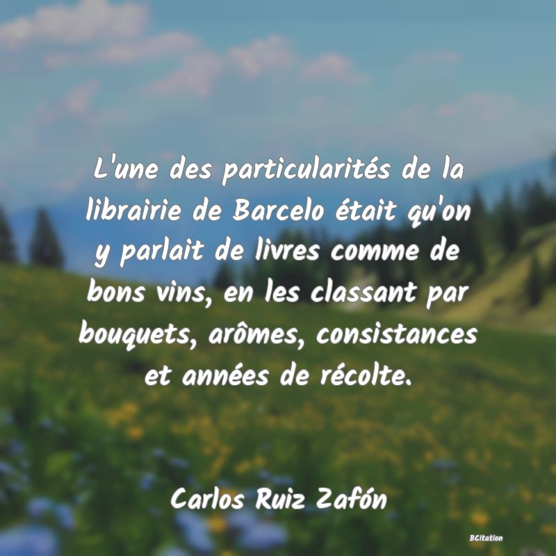 image de citation: L'une des particularités de la librairie de Barcelo était qu'on y parlait de livres comme de bons vins, en les classant par bouquets, arômes, consistances et années de récolte.