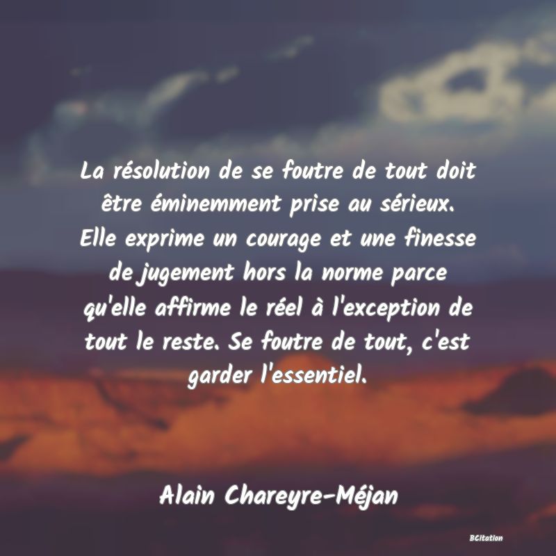 image de citation: La résolution de se foutre de tout doit être éminemment prise au sérieux. Elle exprime un courage et une finesse de jugement hors la norme parce qu'elle affirme le réel à l'exception de tout le reste. Se foutre de tout, c'est garder l'essentiel.