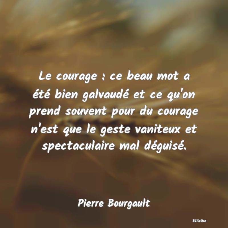 image de citation: Le courage : ce beau mot a été bien galvaudé et ce qu'on prend souvent pour du courage n'est que le geste vaniteux et spectaculaire mal déguisé.