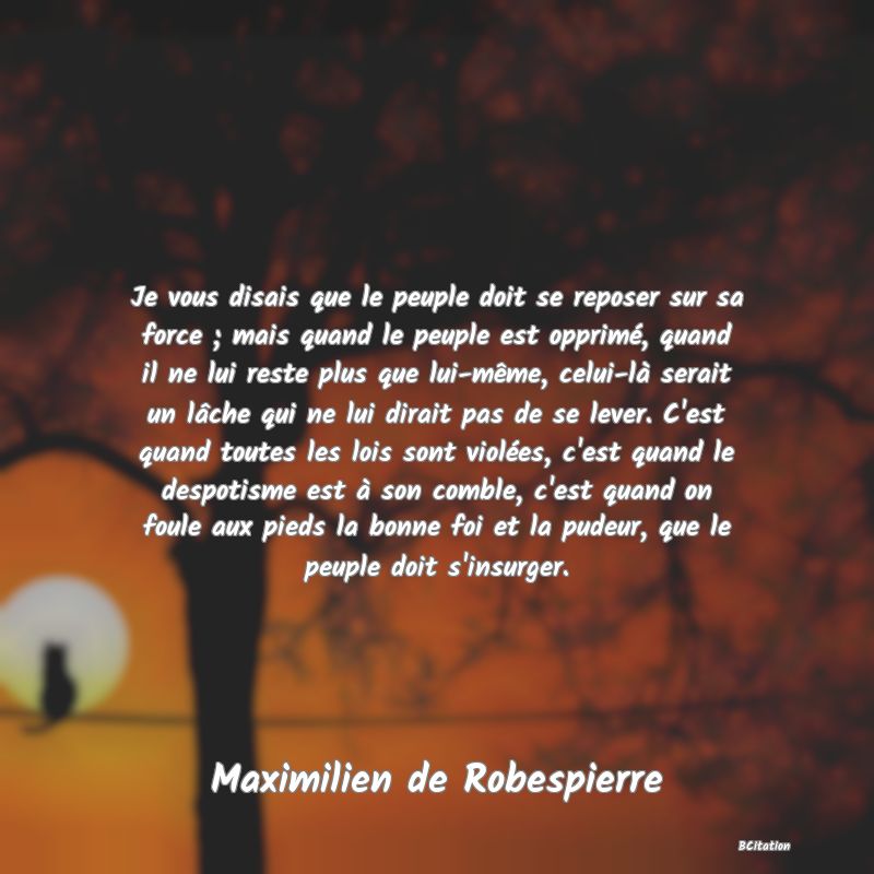 image de citation: Je vous disais que le peuple doit se reposer sur sa force ; mais quand le peuple est opprimé, quand il ne lui reste plus que lui-même, celui-là serait un lâche qui ne lui dirait pas de se lever. C'est quand toutes les lois sont violées, c'est quand le despotisme est à son comble, c'est quand on foule aux pieds la bonne foi et la pudeur, que le peuple doit s'insurger.