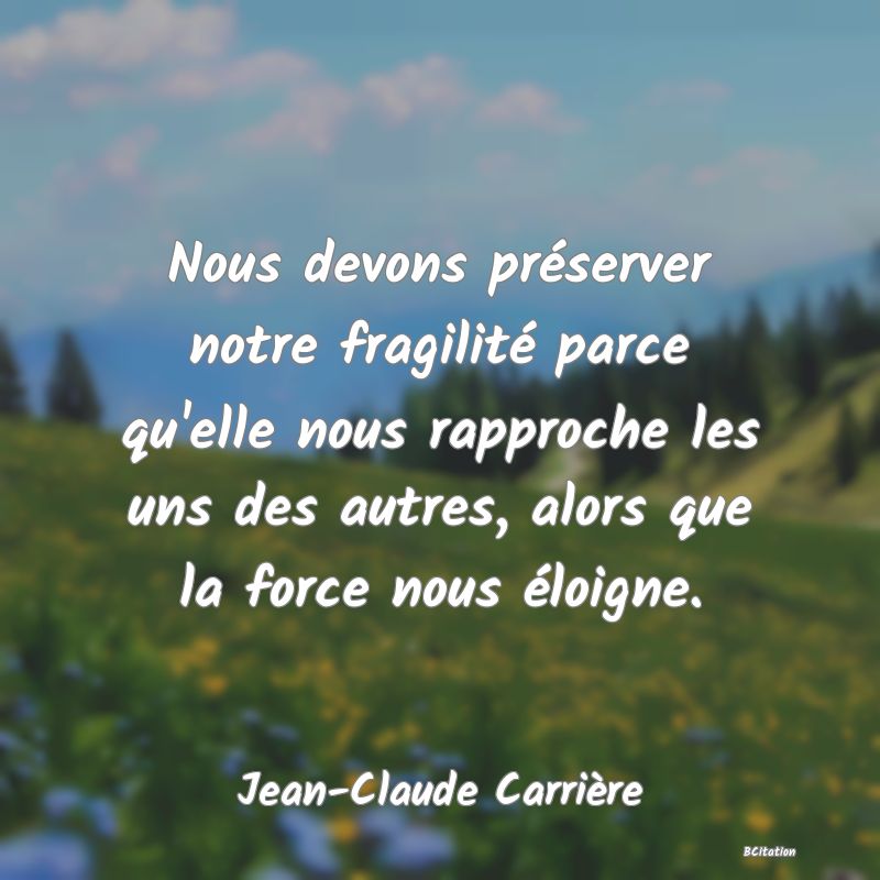 image de citation: Nous devons préserver notre fragilité parce qu'elle nous rapproche les uns des autres, alors que la force nous éloigne.