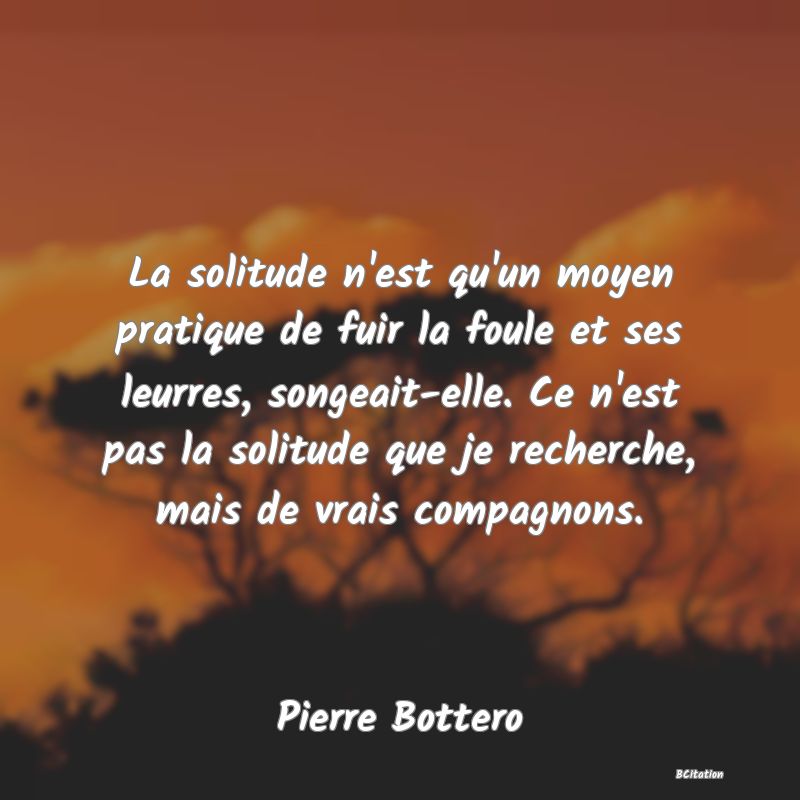 image de citation: La solitude n'est qu'un moyen pratique de fuir la foule et ses leurres, songeait-elle. Ce n'est pas la solitude que je recherche, mais de vrais compagnons.