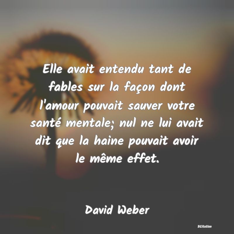 Belle Citation - Elle avait entendu tant de fables sur la façon dont l'amour pouvait sauver votre santé mentale; nul ne lui avait dit que la haine pouvait avoir le même effet. - David Weber
