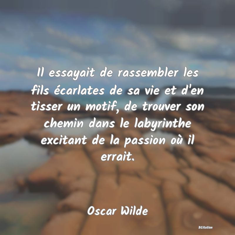 image de citation: Il essayait de rassembler les fils écarlates de sa vie et d'en tisser un motif, de trouver son chemin dans le labyrinthe excitant de la passion où il errait.