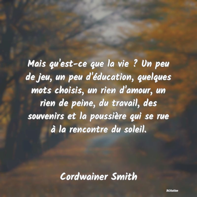 image de citation: Mais qu'est-ce que la vie ? Un peu de jeu, un peu d'éducation, quelques mots choisis, un rien d'amour, un rien de peine, du travail, des souvenirs et la poussière qui se rue à la rencontre du soleil.