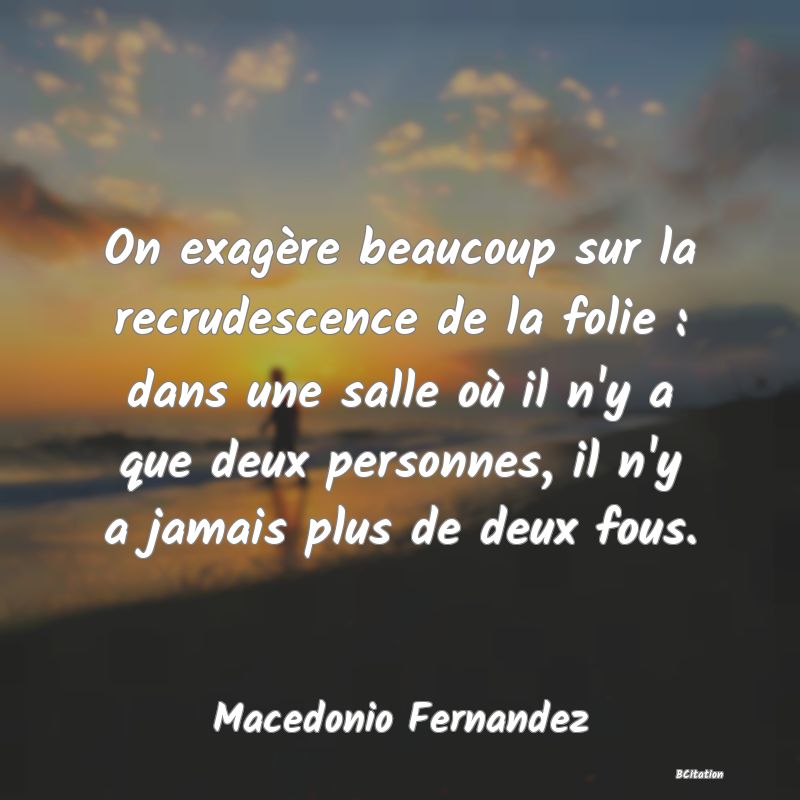 image de citation: On exagère beaucoup sur la recrudescence de la folie : dans une salle où il n'y a que deux personnes, il n'y a jamais plus de deux fous.