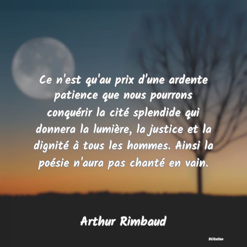 image de citation: Ce n'est qu'au prix d'une ardente patience que nous pourrons conquérir la cité splendide qui donnera la lumière, la justice et la dignité à tous les hommes. Ainsi la poésie n'aura pas chanté en vain.