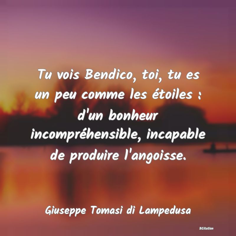 image de citation: Tu vois Bendico, toi, tu es un peu comme les étoiles : d'un bonheur incompréhensible, incapable de produire l'angoisse.