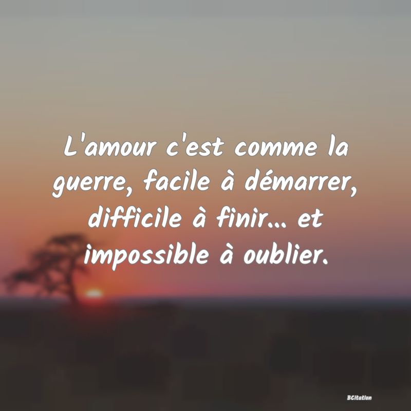 image de citation: L'amour c'est comme la guerre, facile à démarrer, difficile à finir... et impossible à oublier.
