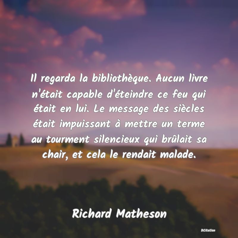 image de citation: Il regarda la bibliothèque. Aucun livre n'était capable d'éteindre ce feu qui était en lui. Le message des siècles était impuissant à mettre un terme au tourment silencieux qui brûlait sa chair, et cela le rendait malade.