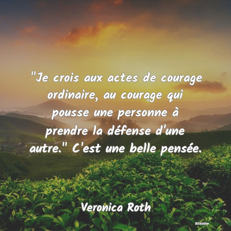 image de citation:  Je crois aux actes de courage ordinaire, au courage qui pousse une personne à prendre la défense d'une autre.  C'est une belle pensée.