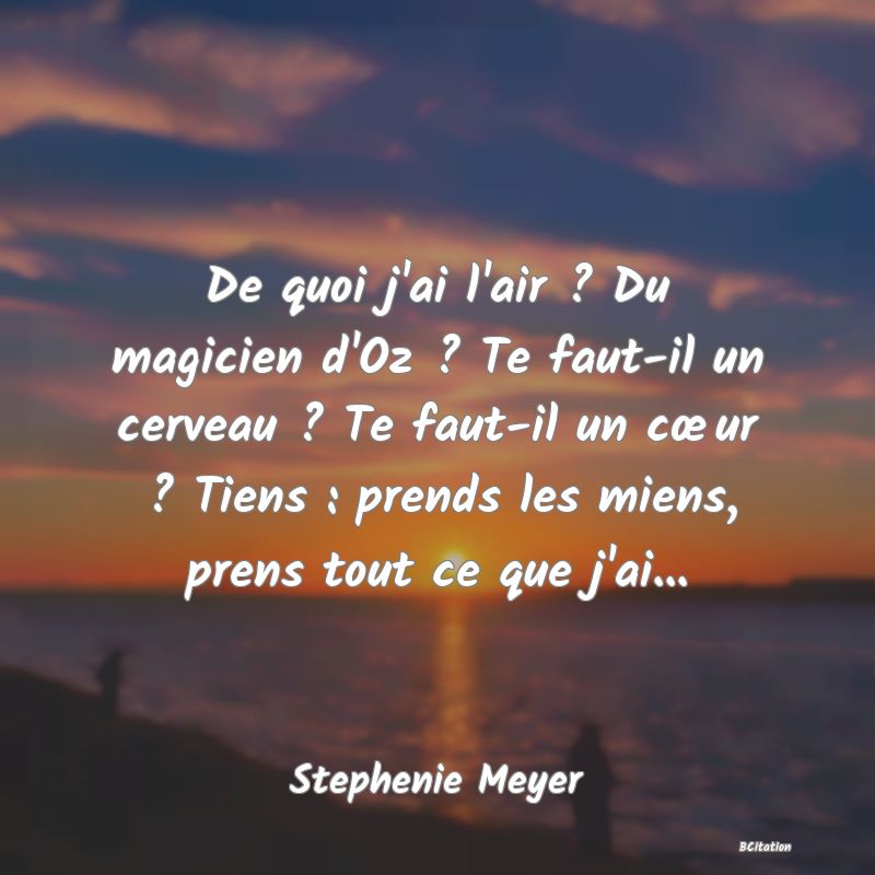 Belle Citation - De quoi j'ai l'air ? Du magicien d'Oz ? Te faut-il un cerveau ? Te faut-il un cœur ? Tiens : prends les miens, prens tout ce que j'ai... - Stephenie Meyer