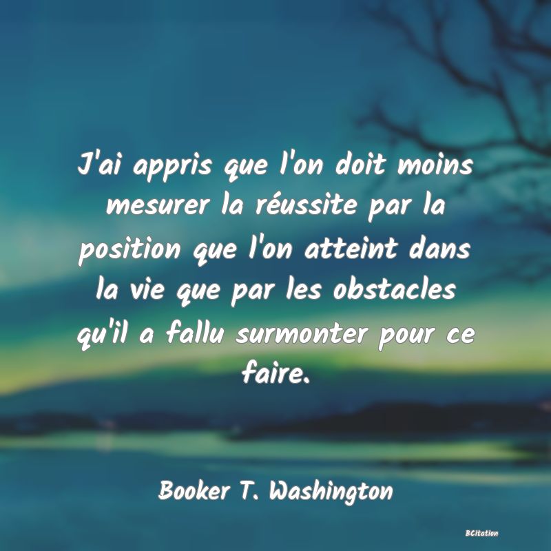 image de citation: J'ai appris que l'on doit moins mesurer la réussite par la position que l'on atteint dans la vie que par les obstacles qu'il a fallu surmonter pour ce faire.