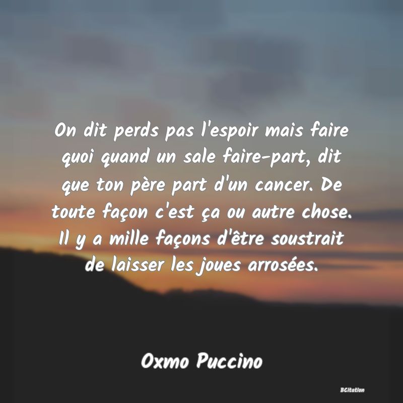 image de citation: On dit perds pas l'espoir mais faire quoi quand un sale faire-part, dit que ton père part d'un cancer. De toute façon c'est ça ou autre chose. Il y a mille façons d'être soustrait de laisser les joues arrosées.