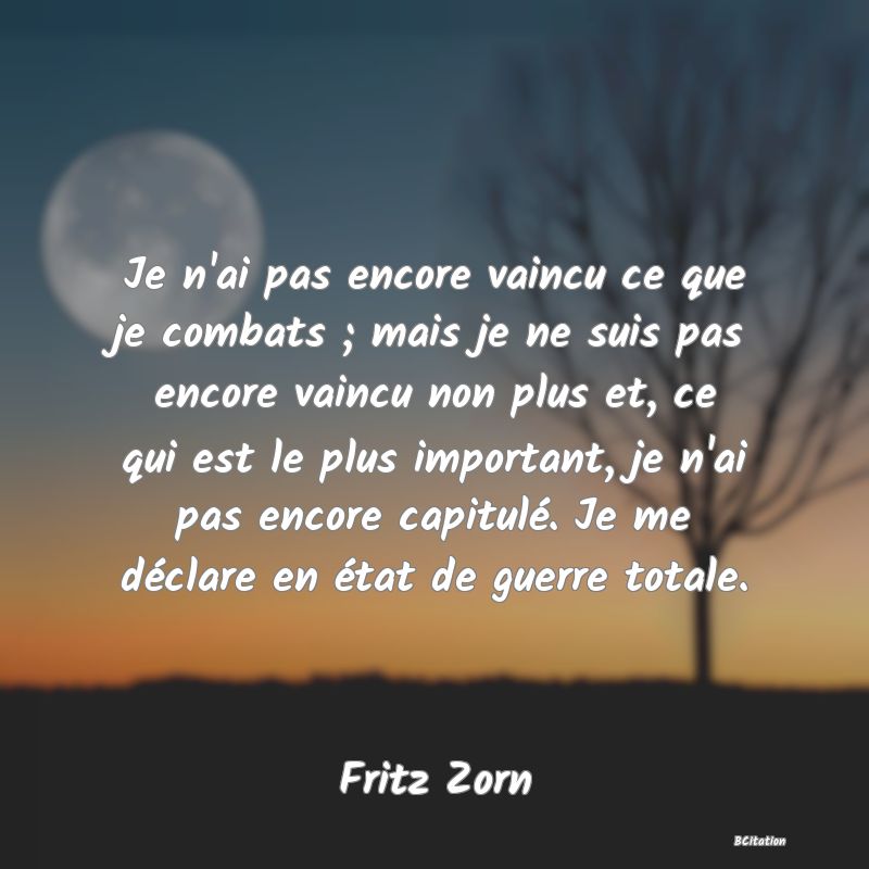 image de citation: Je n'ai pas encore vaincu ce que je combats ; mais je ne suis pas encore vaincu non plus et, ce qui est le plus important, je n'ai pas encore capitulé. Je me déclare en état de guerre totale.