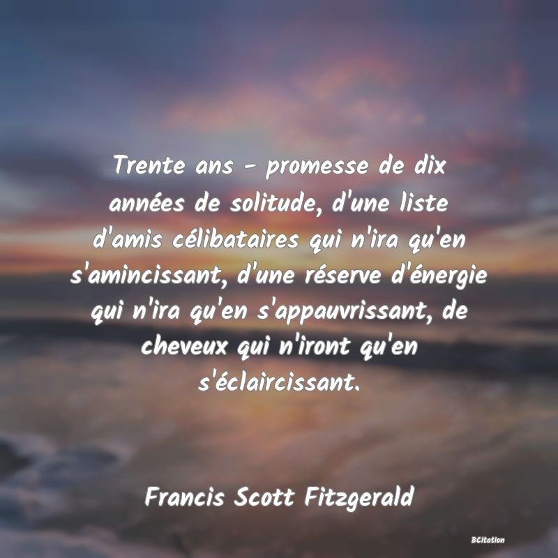 image de citation: Trente ans - promesse de dix années de solitude, d'une liste d'amis célibataires qui n'ira qu'en s'amincissant, d'une réserve d'énergie qui n'ira qu'en s'appauvrissant, de cheveux qui n'iront qu'en s'éclaircissant.