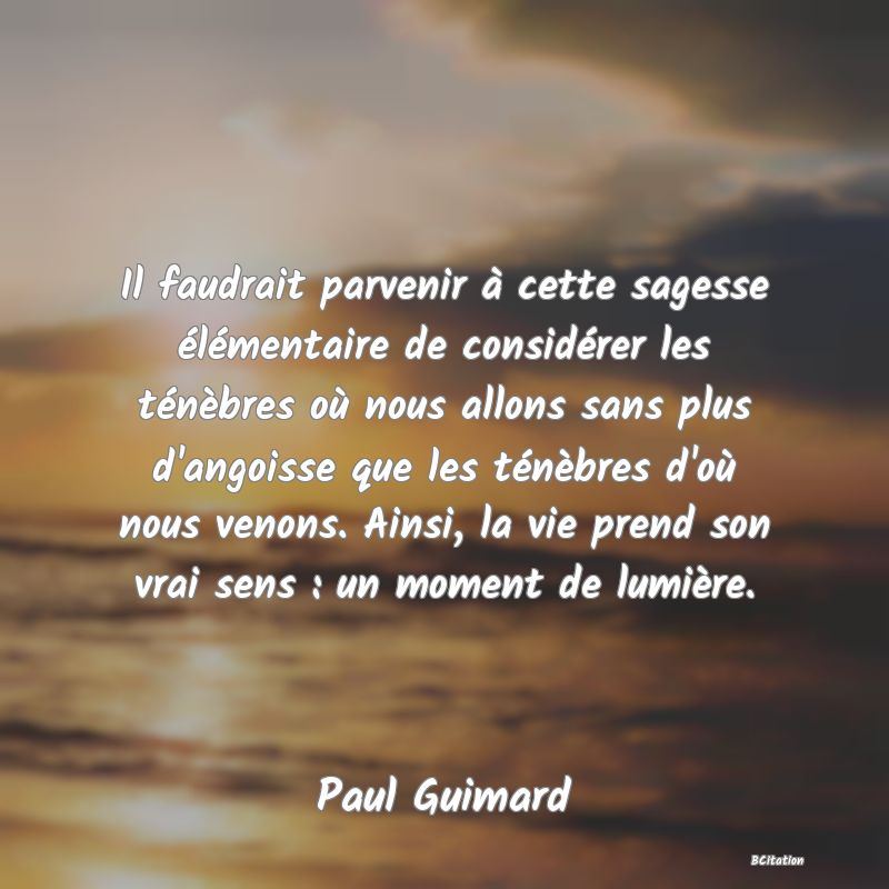 image de citation: Il faudrait parvenir à cette sagesse élémentaire de considérer les ténèbres où nous allons sans plus d'angoisse que les ténèbres d'où nous venons. Ainsi, la vie prend son vrai sens : un moment de lumière.