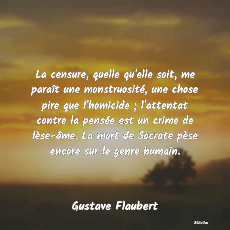 image de citation: La censure, quelle qu'elle soit, me paraît une monstruosité, une chose pire que l'homicide ; l'attentat contre la pensée est un crime de lèse-âme. La mort de Socrate pèse encore sur le genre humain.