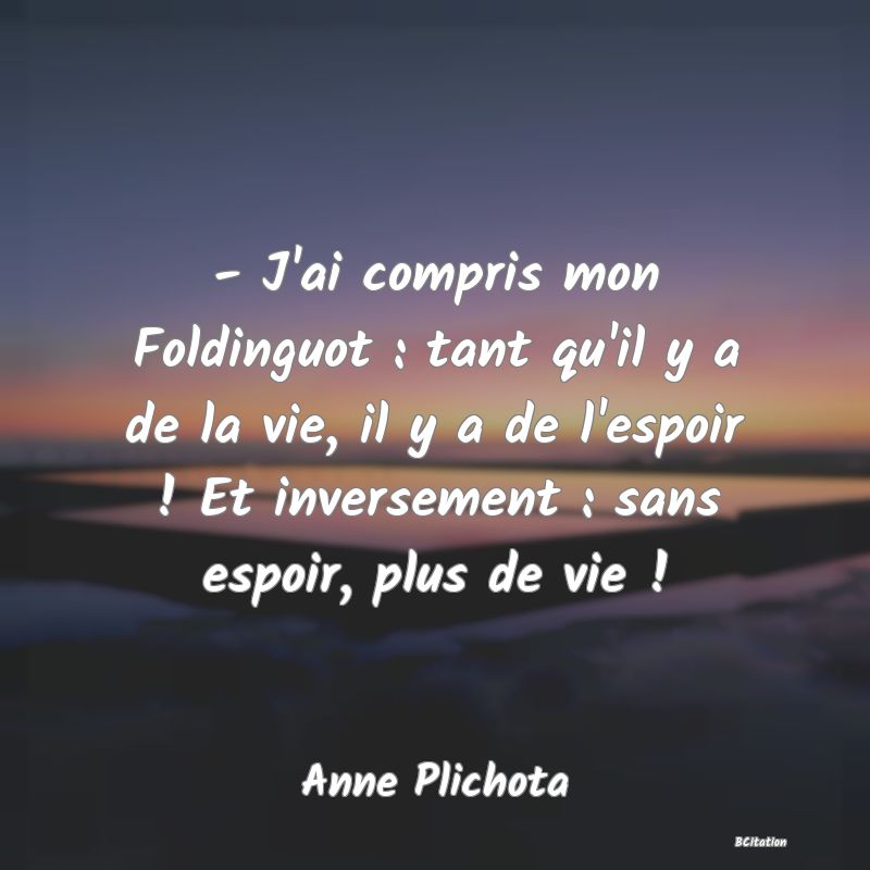 image de citation: - J'ai compris mon Foldinguot : tant qu'il y a de la vie, il y a de l'espoir ! Et inversement : sans espoir, plus de vie !