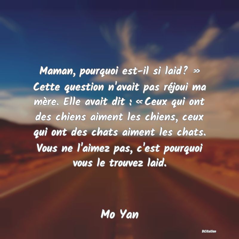 image de citation: Maman, pourquoi est-il si laid? » Cette question n'avait pas réjoui ma mère. Elle avait dit : « Ceux qui ont des chiens aiment les chiens, ceux qui ont des chats aiment les chats. Vous ne l'aimez pas, c'est pourquoi vous le trouvez laid.