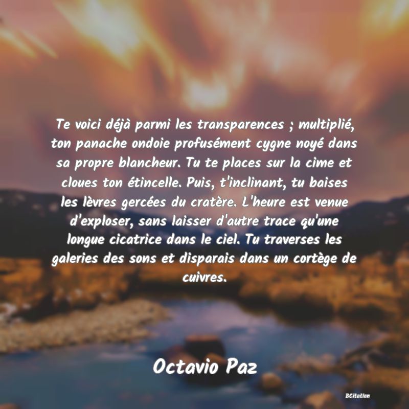 image de citation: Te voici déjà parmi les transparences ; multiplié, ton panache ondoie profusément cygne noyé dans sa propre blancheur. Tu te places sur la cime et cloues ton étincelle. Puis, t'inclinant, tu baises les lèvres gercées du cratère. L'heure est venue d'exploser, sans laisser d'autre trace qu'une longue cicatrice dans le ciel. Tu traverses les galeries des sons et disparais dans un cortège de cuivres.