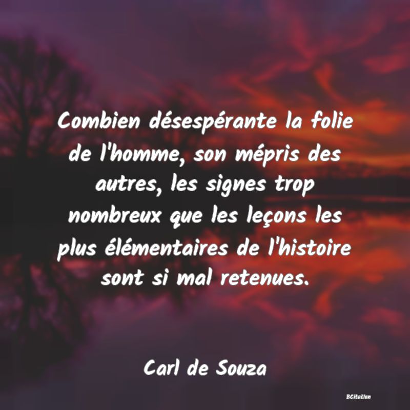 image de citation: Combien désespérante la folie de l'homme, son mépris des autres, les signes trop nombreux que les leçons les plus élémentaires de l'histoire sont si mal retenues.