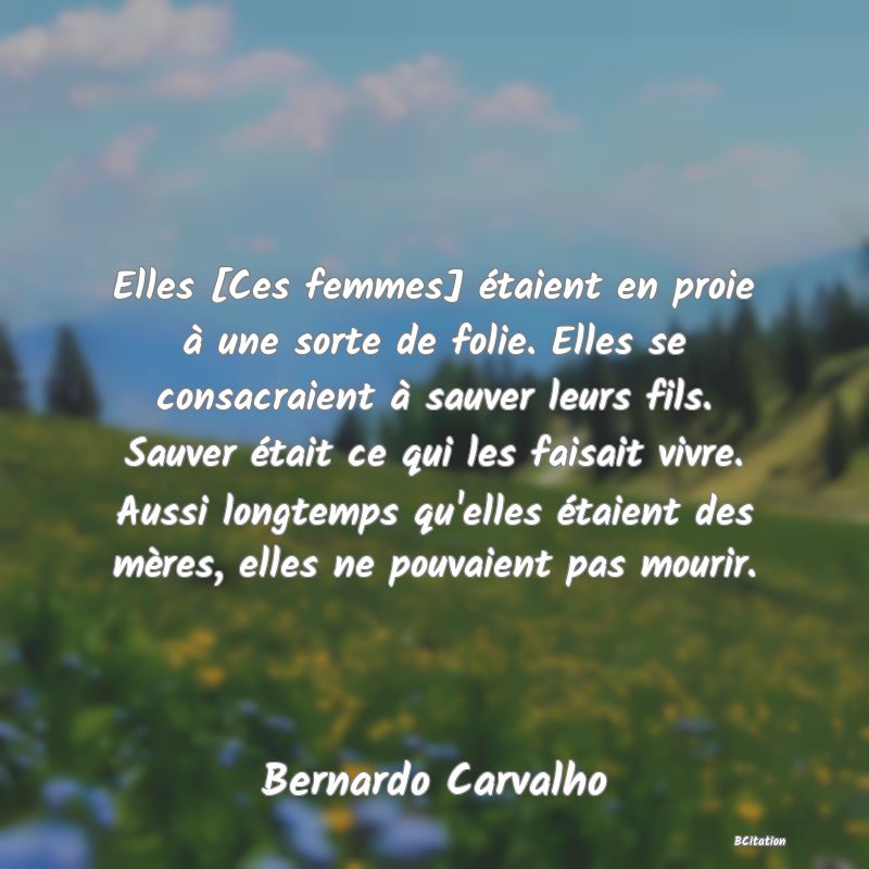 image de citation: Elles [Ces femmes] étaient en proie à une sorte de folie. Elles se consacraient à sauver leurs fils. Sauver était ce qui les faisait vivre. Aussi longtemps qu'elles étaient des mères, elles ne pouvaient pas mourir.