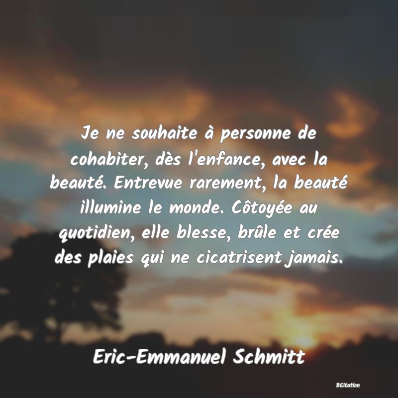 image de citation: Je ne souhaite à personne de cohabiter, dès l'enfance, avec la beauté. Entrevue rarement, la beauté illumine le monde. Côtoyée au quotidien, elle blesse, brûle et crée des plaies qui ne cicatrisent jamais.