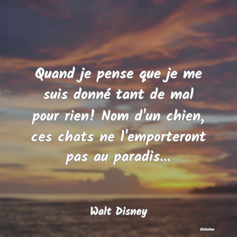 Belle Citation - Quand je pense que je me suis donné tant de mal pour rien! Nom d'un chien, ces chats ne l'emporteront pas au paradis... - Walt Disney