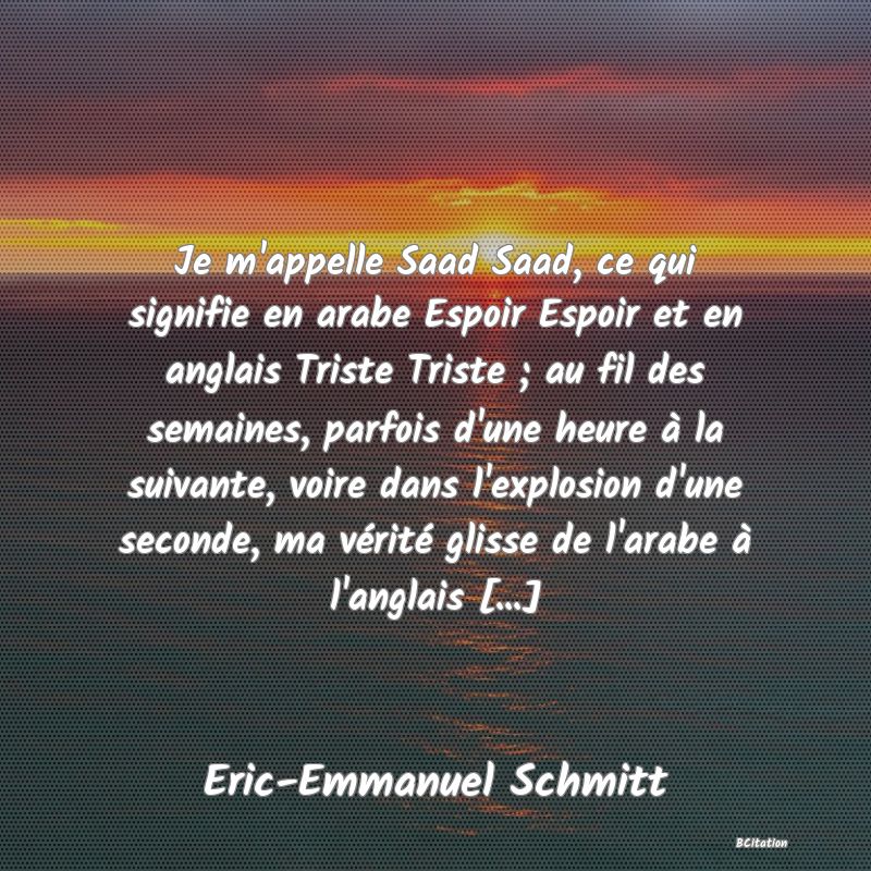 image de citation: Je m'appelle Saad Saad, ce qui signifie en arabe Espoir Espoir et en anglais Triste Triste ; au fil des semaines, parfois d'une heure à la suivante, voire dans l'explosion d'une seconde, ma vérité glisse de l'arabe à l'anglais [...]