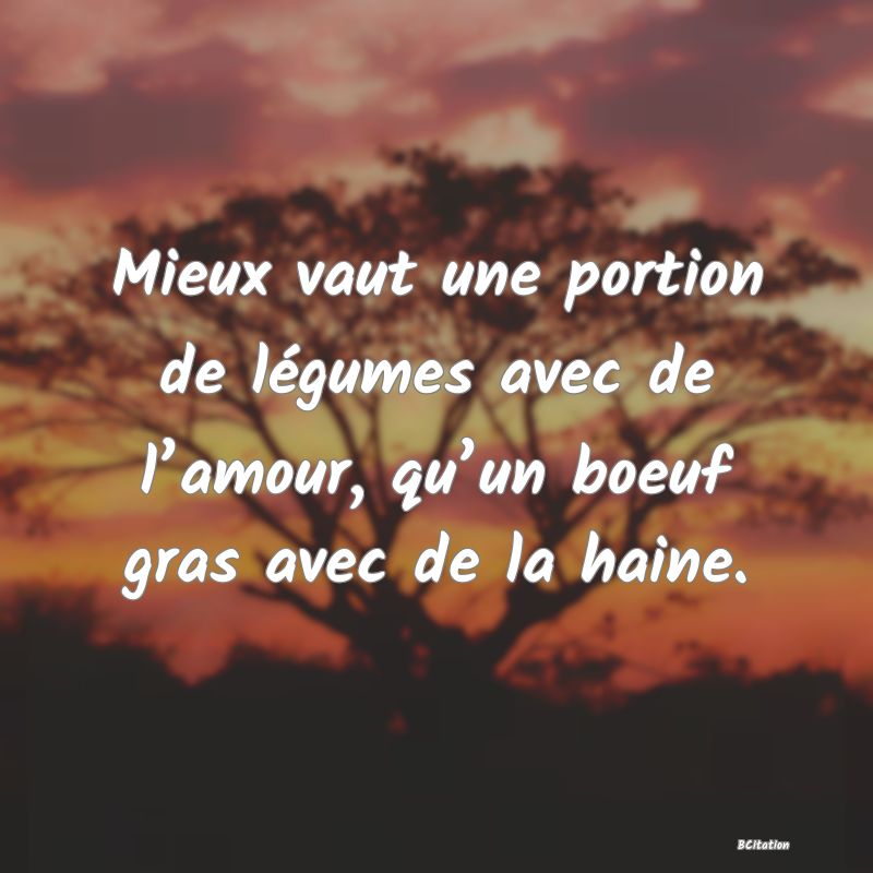 image de citation: Mieux vaut une portion de légumes avec de l’amour, qu’un boeuf gras avec de la haine.