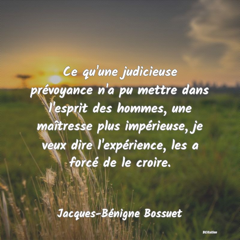 Belle Citation - Ce qu'une judicieuse prévoyance n'a pu mettre dans l'esprit des hommes, une maîtresse plus impérieuse, je veux dire l'expérience, les a forcé de le croire. - Jacques-Bénigne Bossuet