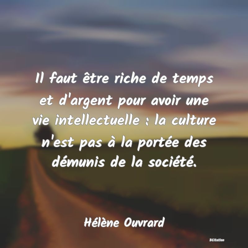 image de citation: Il faut être riche de temps et d'argent pour avoir une vie intellectuelle : la culture n'est pas à la portée des démunis de la société.