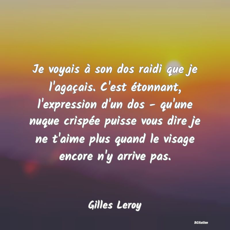 image de citation: Je voyais à son dos raidi que je l'agaçais. C'est étonnant, l'expression d'un dos - qu'une nuque crispée puisse vous dire je ne t'aime plus quand le visage encore n'y arrive pas.