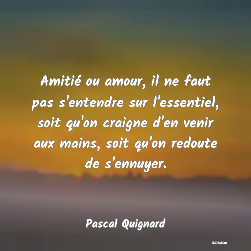 image de citation: Amitié ou amour, il ne faut pas s'entendre sur l'essentiel, soit qu'on craigne d'en venir aux mains, soit qu'on redoute de s'ennuyer.