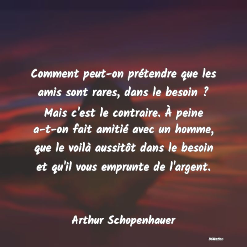 Belle Citation - Comment peut-on prétendre que les amis sont rares, dans le besoin ? Mais c'est le contraire. À peine a-t-on fait amitié avec un homme, que le voilà aussitôt dans le besoin et qu'il vous emprunte de l'argent. - Arthur Schopenhauer