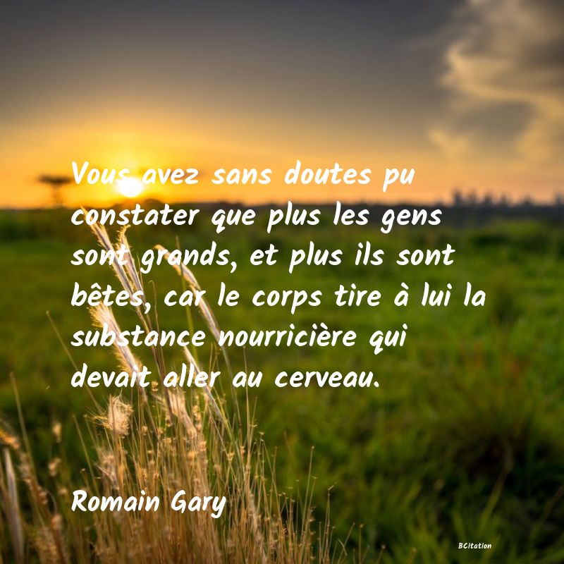 Belle Citation - Vous avez sans doutes pu constater que plus les gens sont grands, et plus ils sont bêtes, car le corps tire à lui la substance nourricière qui devait aller au cerveau. - Romain Gary