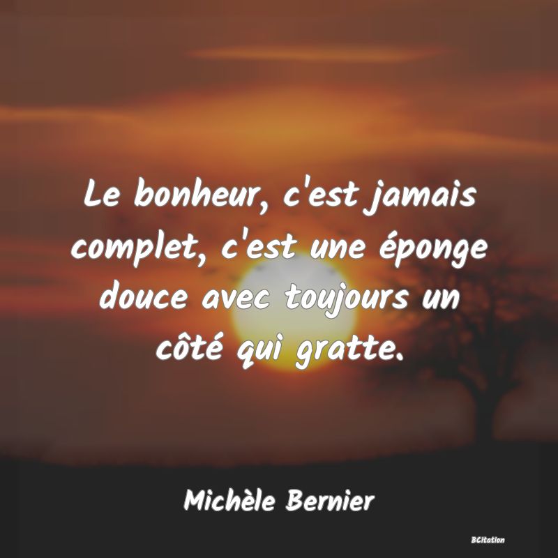 image de citation: Le bonheur, c'est jamais complet, c'est une éponge douce avec toujours un côté qui gratte.