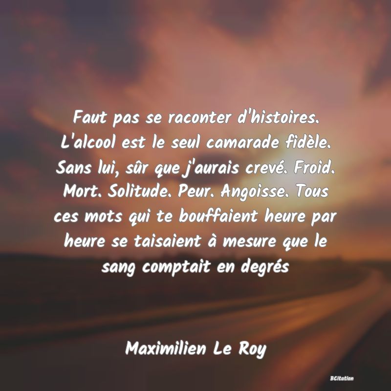 image de citation: Faut pas se raconter d'histoires. L'alcool est le seul camarade fidèle. Sans lui, sûr que j'aurais crevé. Froid. Mort. Solitude. Peur. Angoisse. Tous ces mots qui te bouffaient heure par heure se taisaient à mesure que le sang comptait en degrés